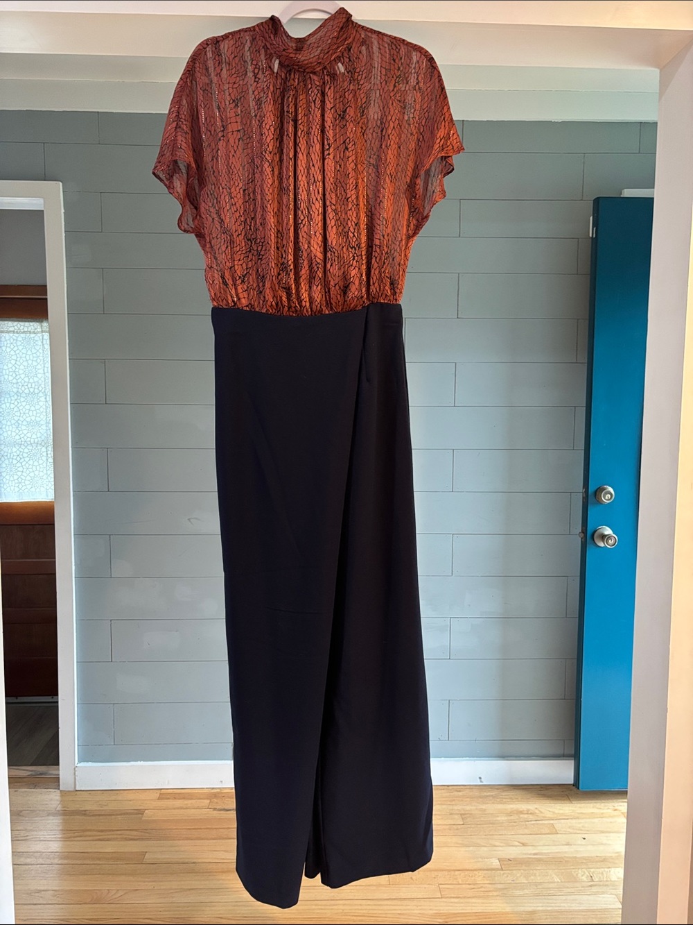 Black Halo Cash CB Jumpsuit Tie Neckline Open Back in Viper/Navy